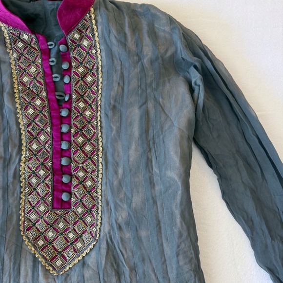 Vintage Indian Anarkali Long Tunic Dress Gray Magenta Beaded Embroidered Size 38 - Picture 6 of 16